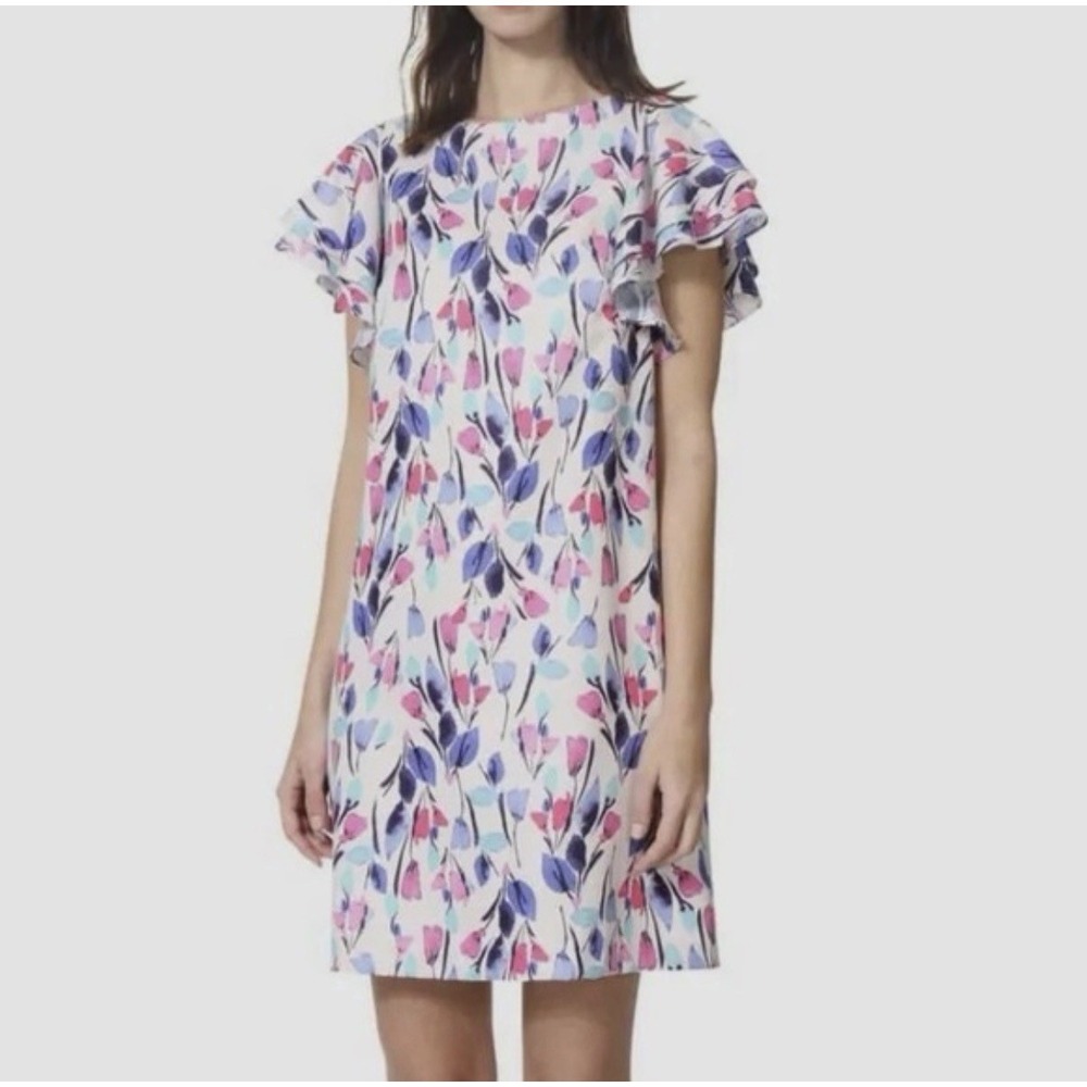 Donna Morgan Floral Shift Dress‎ Flutter Sleeves With Pockets Size 14 Pink Blue
